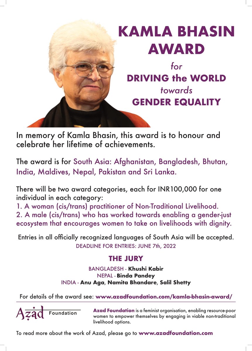 FoundationAzad's tweet photo. We are accepting entries till 07 June 2022...

Send in your nominations for the Kamla Bhasin Award for "Driving the World Towards Gender Equality" today!

Read more and Download the nominations forms here: 
https://t.co/FezoNkXfEh 

#mainhoonazad #nontraditionallivelihoods https://t.co/V6KwovM2L3
