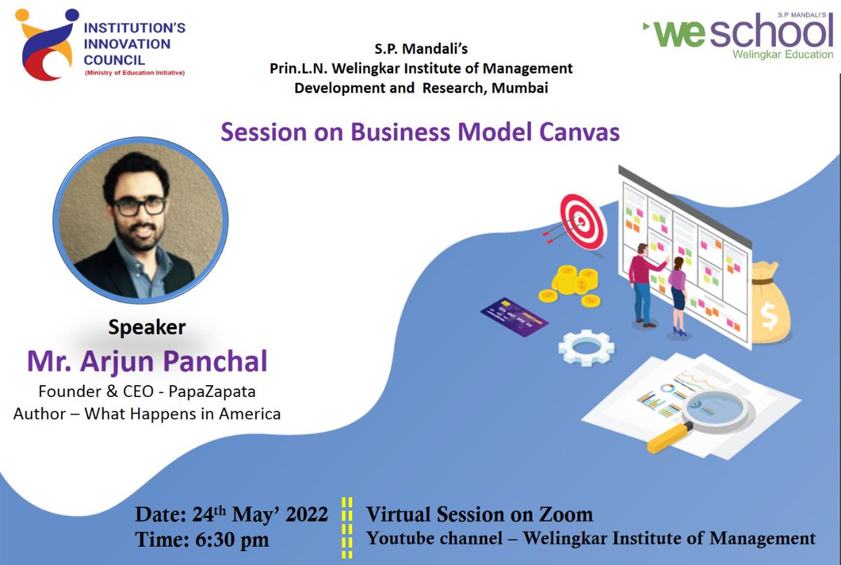 Have an idea to start a business, but don’t know how to start?

Then, join us for a session full of great learning curve and amazing takeaways on “Business Model Canvas” by eminent speaker, Mr. Arjun Panchal, CEO &amp; Founder PapaZapata.

<a href="/mhrd_innovation/">MOE's Innovation Cell- GOI</a> 
<a href="/abhayjere/">Dr. Abhay Jere</a> 
<a href="/mohitgambhir/">Dr. Mohit Gambhir</a>