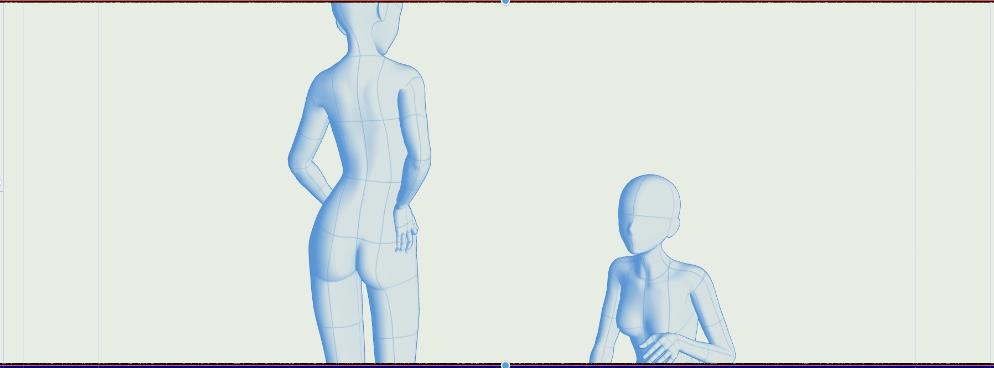 アングルに悩んでいるコマに3Dデッサンモデルを配置して、ぐるぐる回して比較していました。
パース・サイズ比が正しいのは画像1/2枚め
手前のモデルをわざと大きく(カメラに近いイメージ)したのが3/4枚め
サイズ比的に正しくなくても後者のほうが漫画として映えるし、心理的な距離感を感じる…