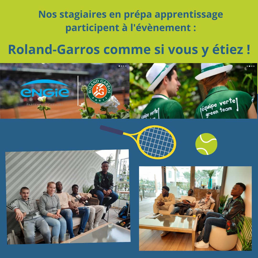 Notre section prépa apprentissage participe à l’événement 🎾« Roland-Garros comme si vous y étiez ! » organisé par Engie Solutions. Au programme : petit-déjeuner, présentation de l’entreprise et possibilité d’assister aux matchs sur les courts.
<a href="/ENGIEsolutions/">ENGIE Solutions</a> <a href="/fedene/">Ocles Paul</a>