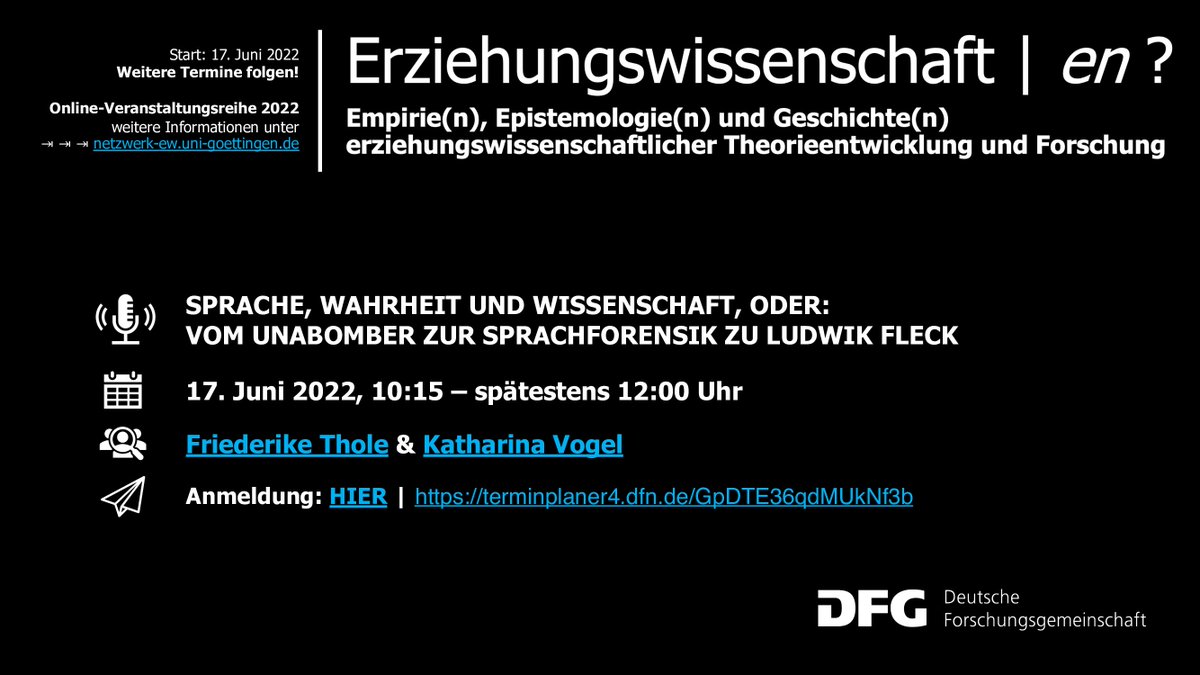 Hallo Twitter! 👋
Wir laden zum ersten Vortrag des Netzwerks ein: Friederike Thole (<a href="/not_any_better/">Friederike Thole</a>) und Katharina Vogel (@cat_named_vogel) referieren zu "Sprache, Wahrheit und Wissenschaft". Weitere Infos findet Ihr im Bild.