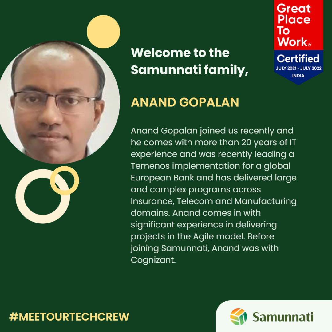 samunnati's tweet photo. #Samunnati welcomes Anand Gopalan who has joined our tech team recently!

Congratulations on behalf of all the members and welcome to the family once again!

#Meetourfamily #Meetourleaders #Samunnati #LifeatSamunnati #Technology #Agtech #Agritechnology #Agritech #Businessleader https://t.co/QsVtIde4E3