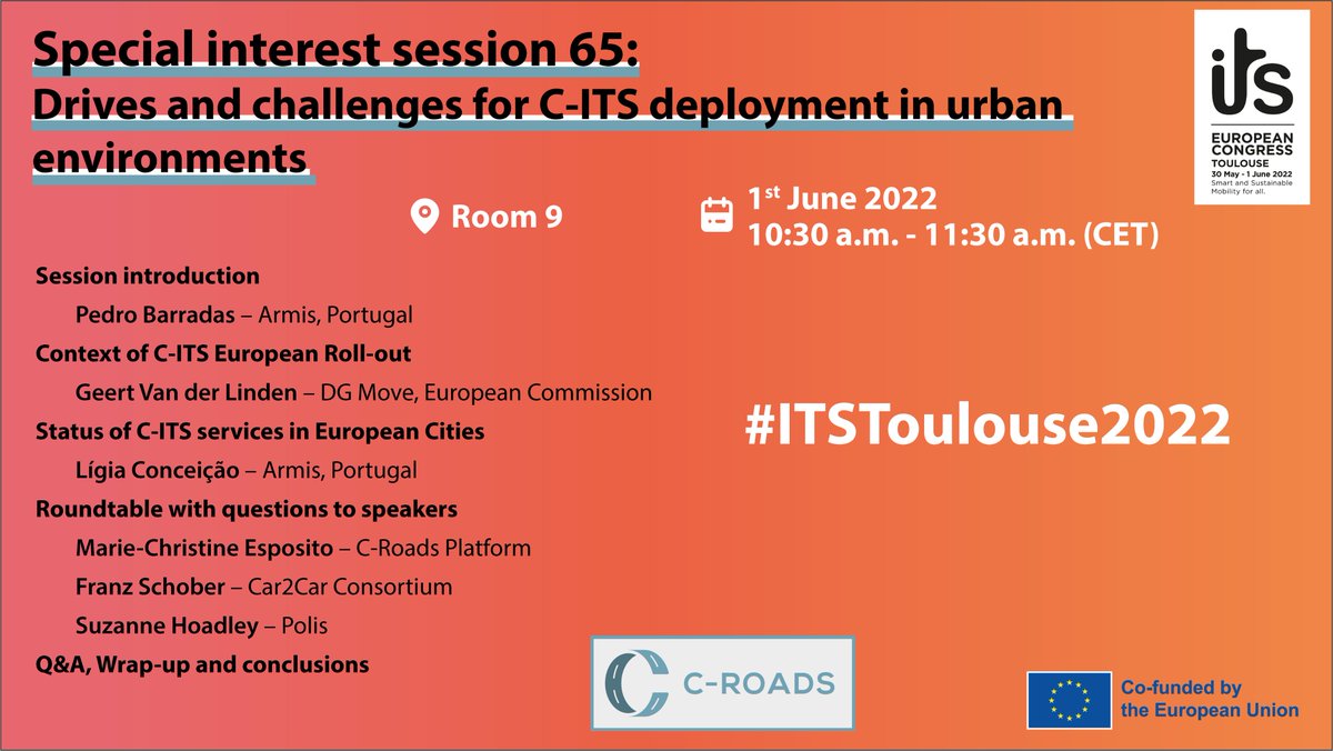 This special interest session brings together stakeholders of urban C-ITS services to share experiences and knowledge. This ensures a harmonised and interoperable implementation of C-ITS services across European cities🇪🇺
#ITSToulouse2022 #cRoads #harmonisation