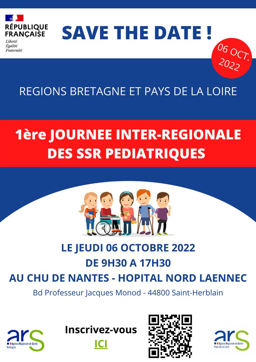 ArsBretagne's tweet photo. #agenda 📅 l 1e rencontre interrégionale des #SSR pédiatriques : ouverture des inscriptions ! Une journée d'échanges et partages de pratiques professionnelles destinée aux pro. concernés par SSR pédiatrique👇

📌 6 oct. 2022, 9h30-17h30 au  @CHUnantes
ℹ️ https://t.co/mrJzUJA6an https://t.co/6msRxLdpjA