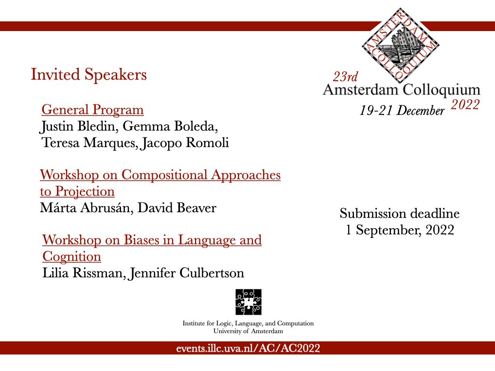🚨 Interested in the formal study of the semantics and pragmatics of language? Come to Amsterdam Colloquium 19-21 December! Check our great lineup of invited speakers on events.illc.uva.nl/AC/AC2022/ Abstract deadline September 1st. Please share! 🚨