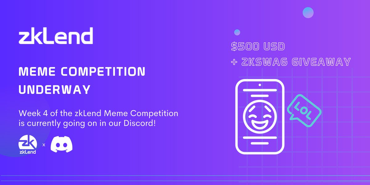 zkLend's tweet photo. 🐸 Join now! ICYMI, meme #Competition week 4 currently underway on our Discord.

Prize pool includes 🎁
👑 Meme Lord role (only for winner) 
🤑 $500 USDC
👩‍🎤 zkSwag 
✍️ Meme Creator roles for all finalists 

Join now 👇
https://t.co/S04J5JozAi

#StarkNet #L222 #Giveaways https://t.co/0rh2OvLueV