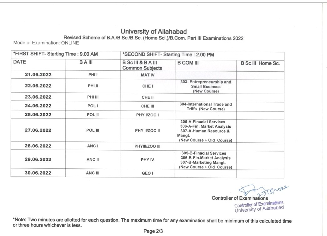 UoA_Official's tweet photo. The Exam Schedule (First shift - 9.00 a.m &amp;
Second shift - 2.00 p.m.) of Undergraduate classes- B.A./B Sc. /B Sc. (Home Sci. ) /B Com Part III for the Session 2021-22 of the University and its constituent colleges  been declared.Please refer to the Univ. website for details. https://t.co/MhSfHCFILq