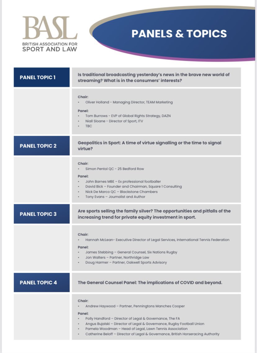 BASL_Sport_Law's tweet photo. The Board is delighted to announce the speakers of the 28th annual conference. 

You can book a space on the conference by returning the booking form, which is available on the website, to BASL-enquiries@hotmail.com. https://t.co/MVZyviy1jb