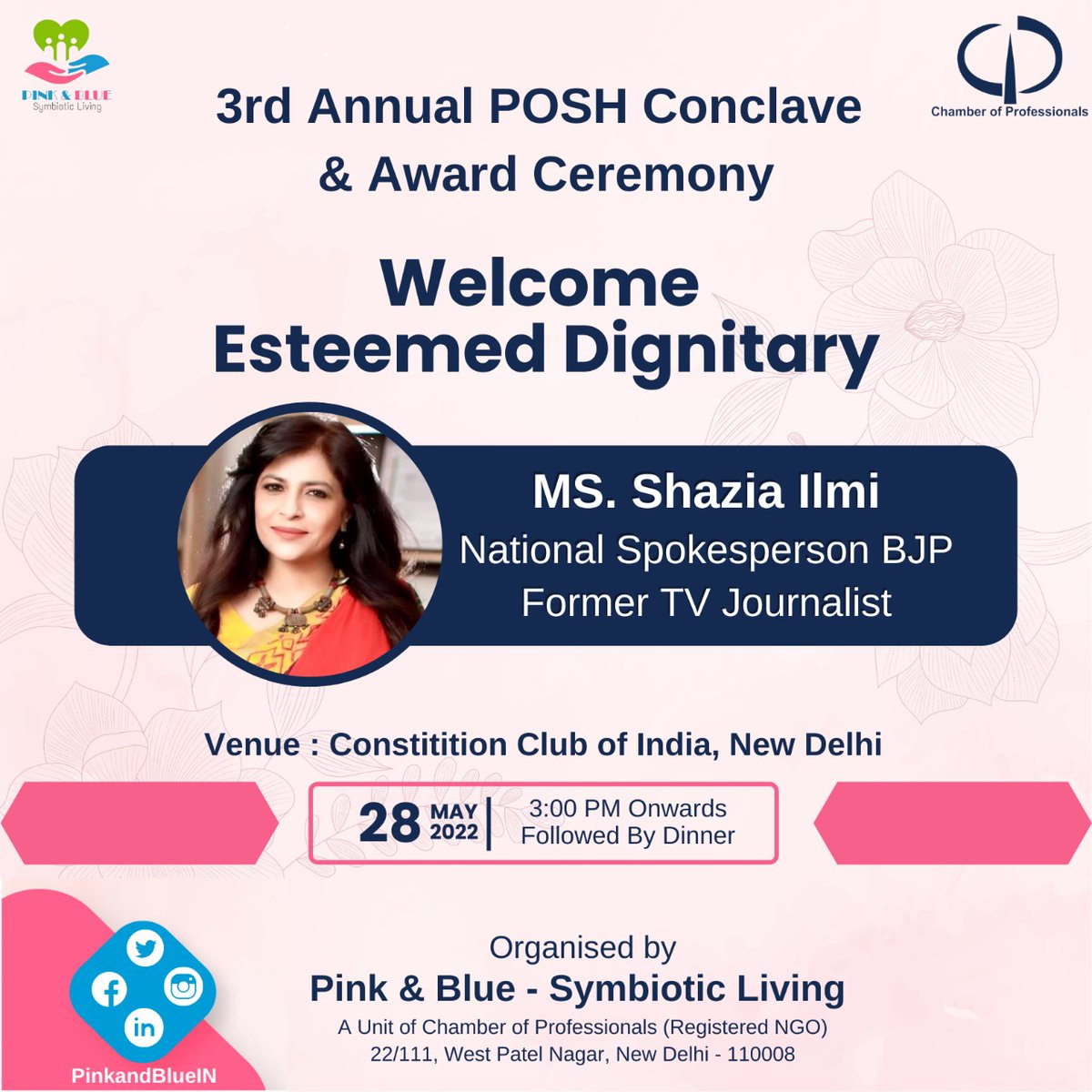 PinkandBlueIN's tweet photo. Our Sincere thanks to, @shaziailmi ma'am for accepting the invitation of @PinkandBlueIN for 3rd Posh Annual Conclave &amp; to empower and Present the inspiring #women award and felicitate #Posh Trainers.

Your words in this event will encourage women's 

#POSHAct #womensafety #posh https://t.co/LFgyGUQ7VN