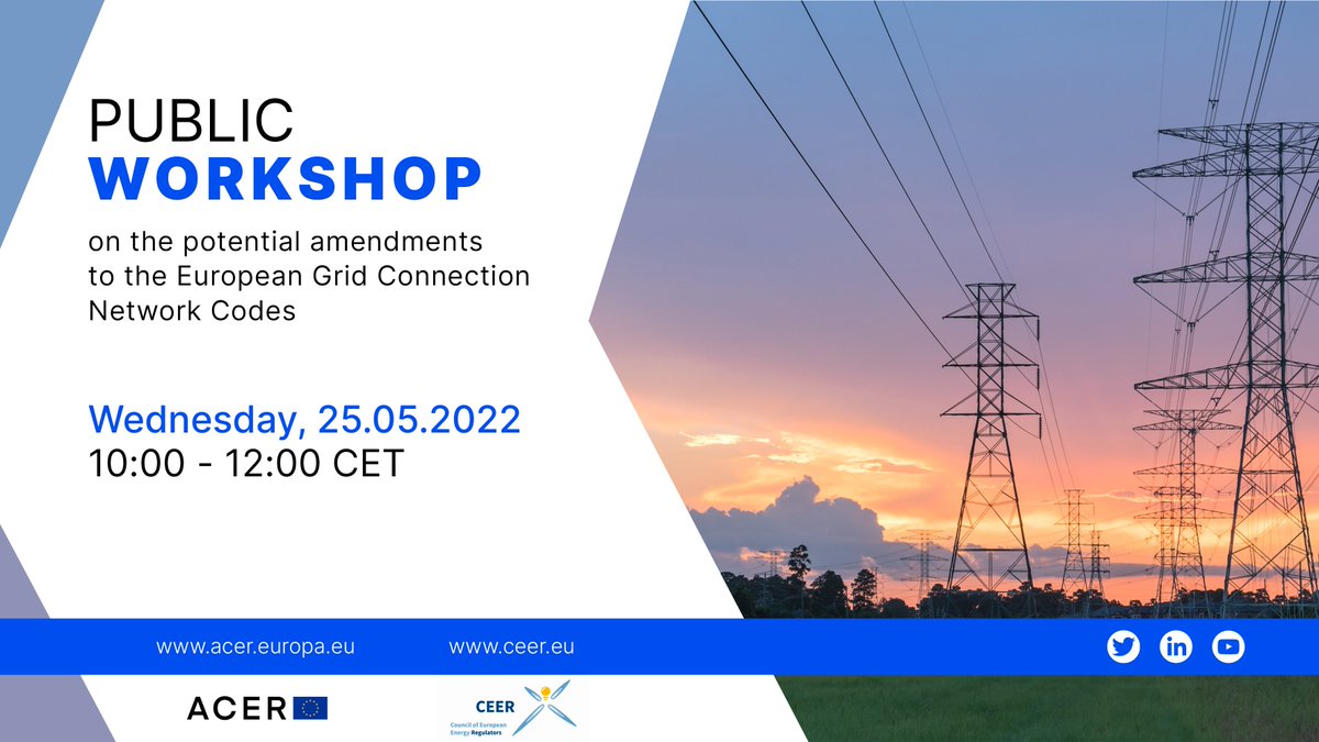 EU_ACER's tweet photo. 📣Check out our #events:

⚡️ACER &amp; CEER Workshop on the potential amendments to the European #GridConnection Network Codes (25/05) - register by today!

💡Workshop on the implementation frameworks for the European #BalancingPlatforms (31/05)

More at👉https://t.co/qEuhbSsAwO https://t.co/dmYsTa6DrZ