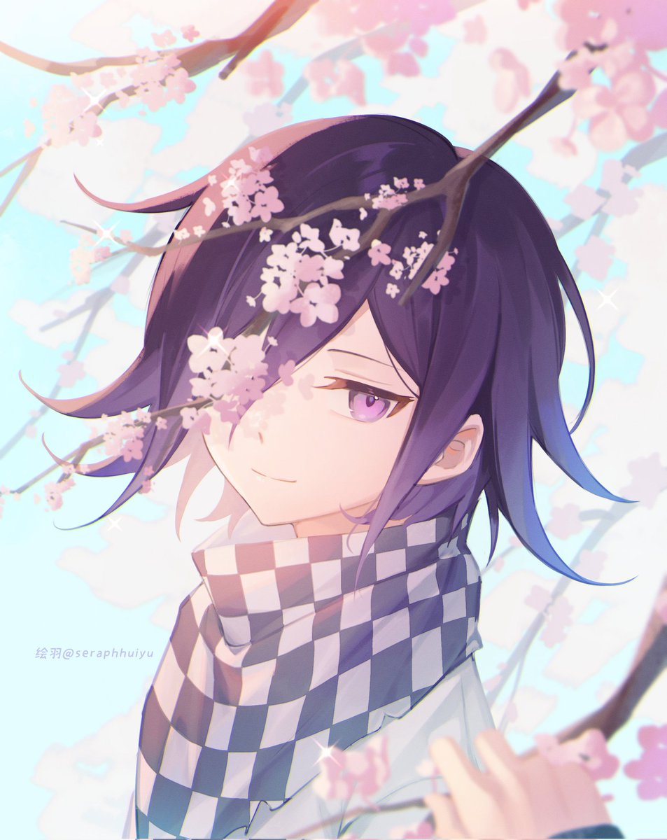 ouma kokichi checkered clothes male focus checkered scarf 1boy scarf bangs smile  illustration images