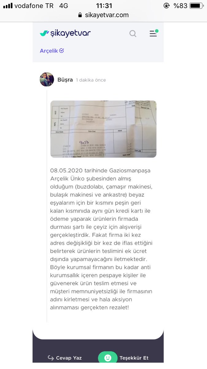 busakarsu's tweet photo. 08.05.2020 de GOP Arçelik Ünko şubesinden almış olduğum beyaz eşyalarımı kredi kartı ürünlerin firmada durması şartı ile aldık. Firma iflas ettiğini ürünleri ekstra ücretle vereceğini iletti @kocholding @arcelik @ArcelikDestek @ArcelikGlobal tüketici hakem heyetine ileteceğim!!! https://t.co/QhHfEy99y6