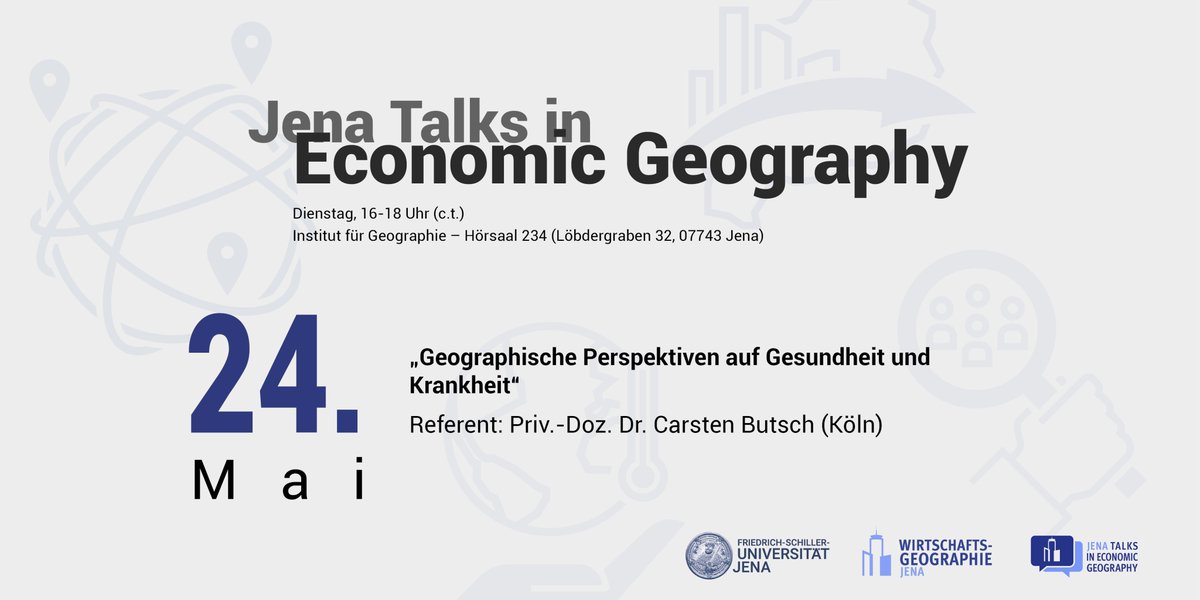 wigeo_jena's tweet photo. Morgen geht es wieder los mit unseren #JTalks. Die #Jena Talks in #EconomicGeography werden in diesem Semester eingeleitet von @butschc. Wir freuen uns auf einen spannenden Vortrag zu den Geographien von #Gesundheit und #Krankheit. 
#wigeojena #wirtschaftsgeographie #geographie https://t.co/Ci3nPpdc8F