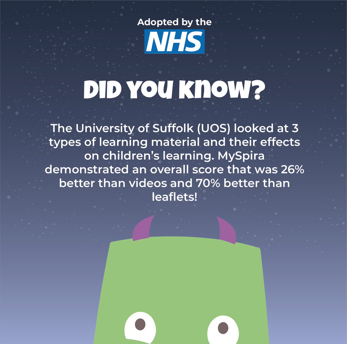 MySpira - The AR Asthma App! (@myspiragame) on Twitter photo The University of Suffolk (UOS) <a href="/UniofSuffolk/">University of Suffolk</a> looked at 3 types of learning material and their effects on children’s learning. #MySpira demonstrated an overall score that was 26% better than videos and 70% better than leaflets!
#AR #Education #Asthma #AsthmaAwareness #Inhaler The University of Suffolk (UOS) <a href="/UniofSuffolk/">University of Suffolk</a> looked at 3 types of learning material and their effects on children’s learning. #MySpira demonstrated an overall score that was 26% better than videos and 70% better than leaflets!
#AR #Education #Asthma #AsthmaAwareness #Inhaler