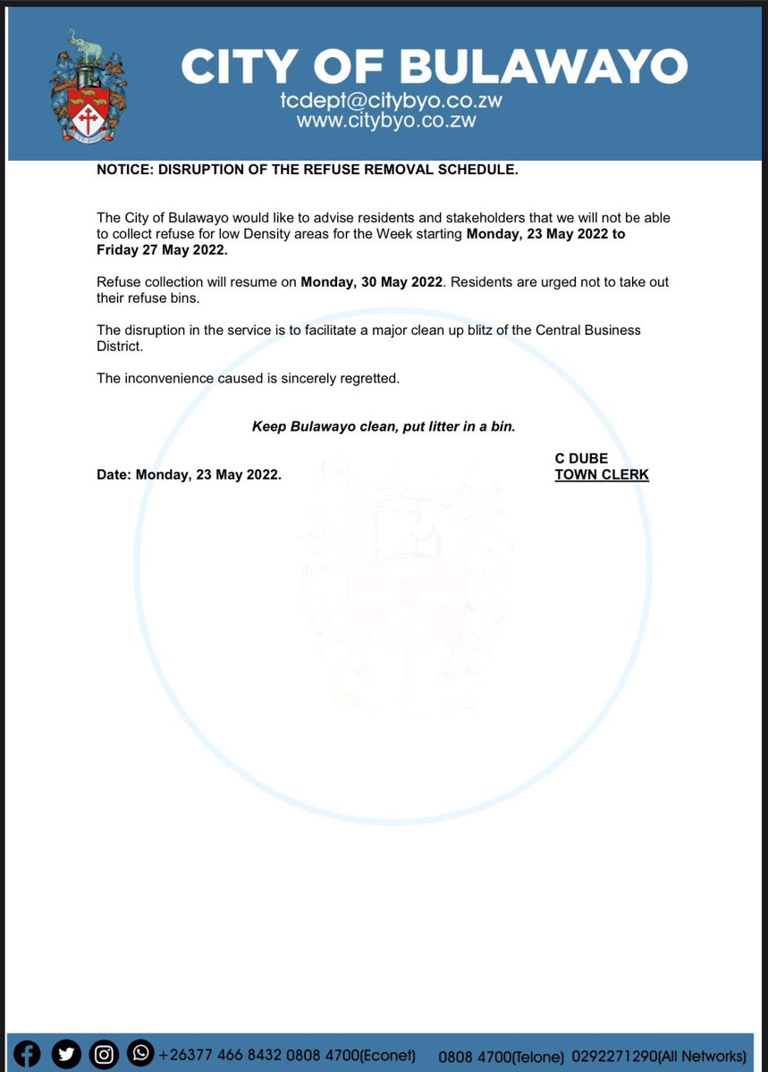 CityofBulawayo's tweet photo. Notice:- Disruption of the Refuse Removal Schedule for Low Density areas. https://t.co/GNAzmEshs4
