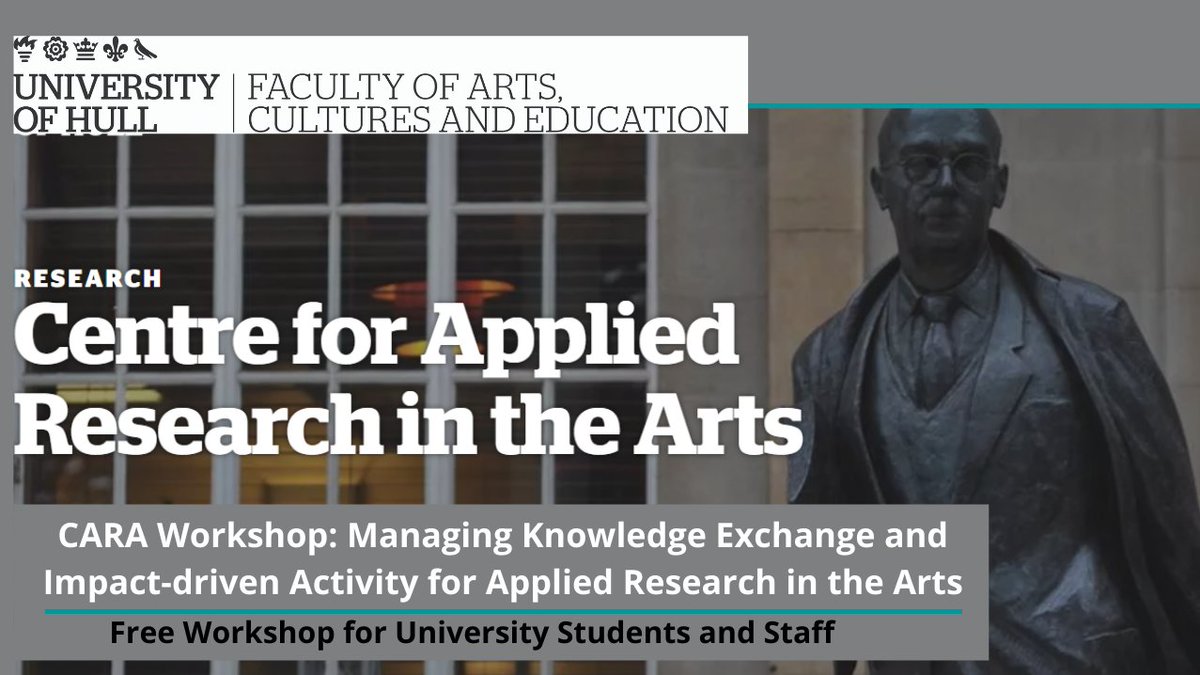 Calling all <a href="/UniOfHull/">University of Hull</a> Students and Staff members! Join the CARA team's Workshop: Managing Knowledge Exchange and Impact-driven Activity for Applied Research in the Arts
📅28th June 2022
⏰09:30-4:00
Campus and Online
Register for free: bit.ly/3Mwcpro