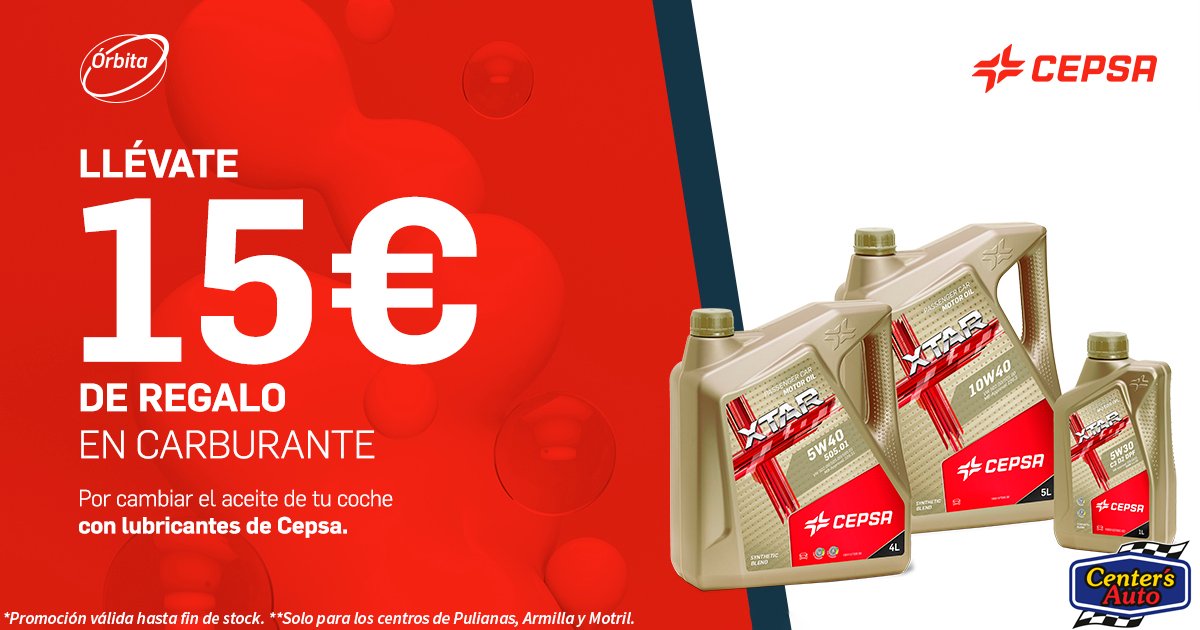 ¡¡15€ GRATIS en CARBURANTE!! Solo tienes que cambiar el aceite de tu coche por la marca Cepsa y serán tuyos.
#centersautogranada #Cepsa #cambiodeaceite #tallertienda