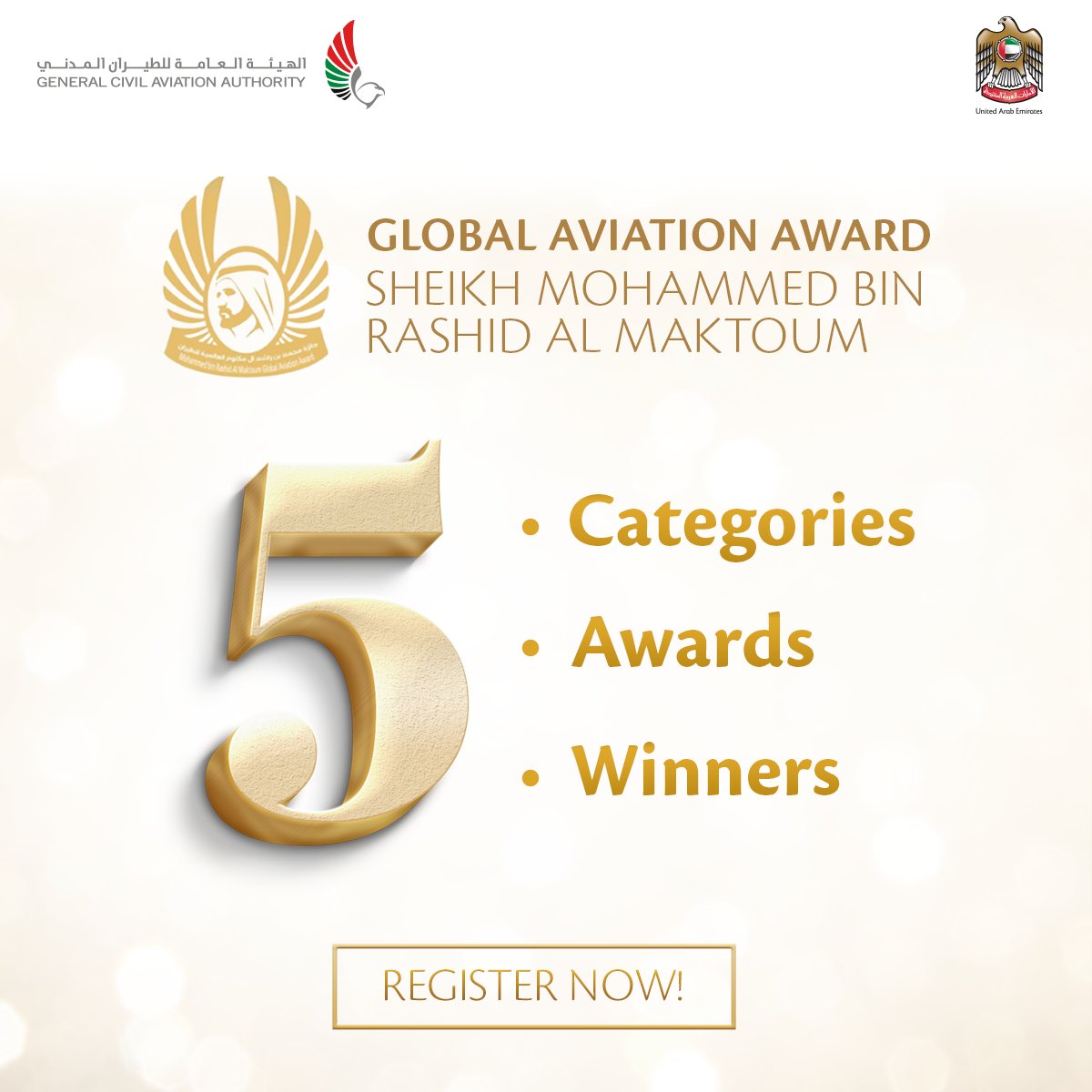 gcaauae's tweet photo. يسرّ الهيئة العامة للطيران المدني أن تقدّم مرة أخرى جائزة الشيخ محمد بن راشد آل مكتوم العالمية للطيران.
سجل الآن!
https://t.co/lxmvzLJfZY
It is with pleasure that the GCAA introduces once again the triennial Sheikh Mohammed bin Rashid Al Maktoum Global Aviation Award.
#SMBRGAA https://t.co/h7j8L5DNRx