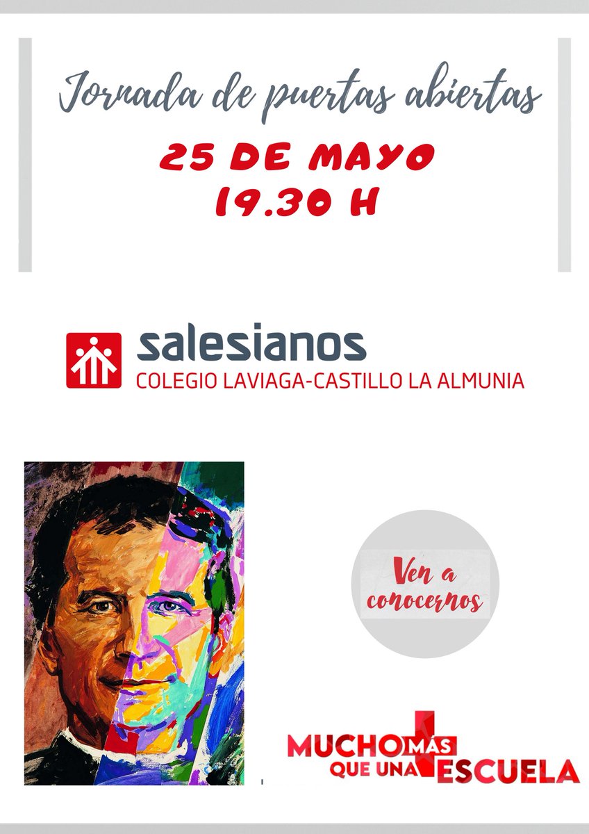 JORNADA DE PUERTAS ABIERTAS
SALESIANOS LA ALMUNIA
¡VEN A CONOCERNOS!
Más información: 
laalmunia.salesianos.edu/col.../puertas…
#NosMueveLaEsperanza
#puertasabiertas