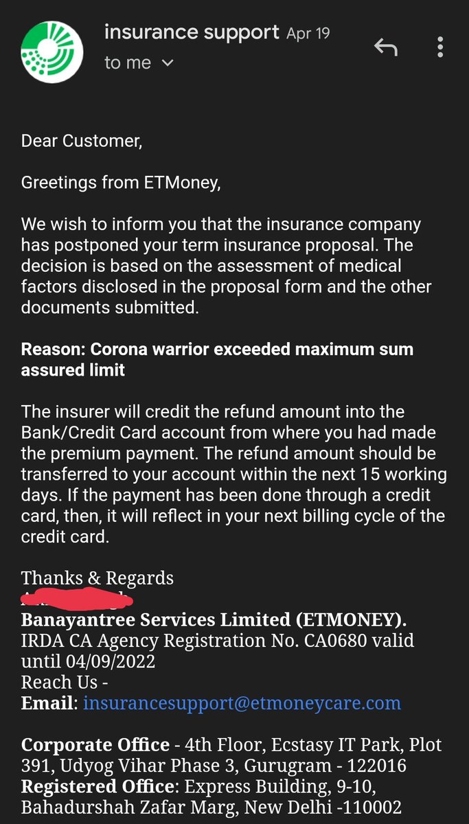drhemanthmd1's tweet photo. Thread: How ICICI PRULIFE rejected my application for a term insurance. 
Reason: "I am a corona warrior"
@ICICIPruLife #coronawarrior https://t.co/hsuyi1ERnI