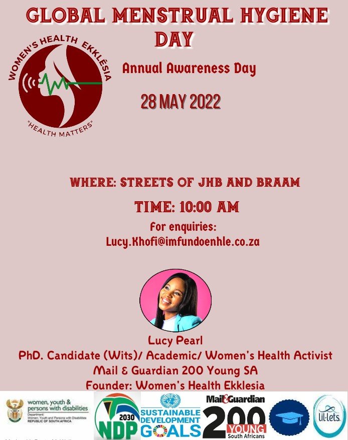 LucyPearl_khofi's tweet photo. Global Menstrual Hygiene Day - 28 May 2022 (Annual Awareness Day).

While Menstrual Hygiene Day is on 28 May, the agenda of #endingperiodpoverty #menstrualhygiene #menstrualhealth education is a daily thing.

To join us, email lucy.khofi@imfundoenhle.co.za 
#MenstrualHygieneDay https://t.co/sMrvnKeXDe