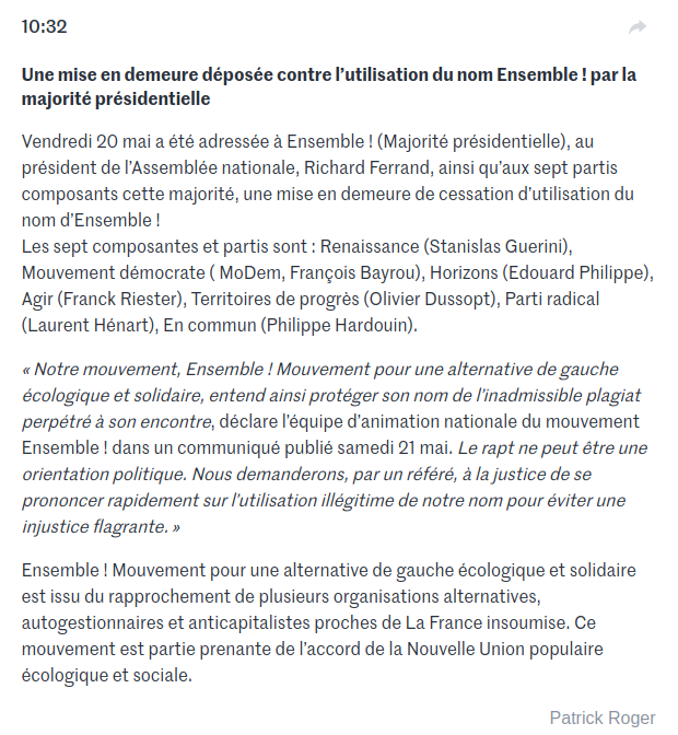 EnsembleGre38's tweet photo. Mise en demeure déposée vendredi 20 mai contre l'usurpation du nom "Ensemble !" par la macronie et ses affidés.
Source : @lemondefr 10h32 https://t.co/fBpQ0iamol https://t.co/qFXsxYuqJg