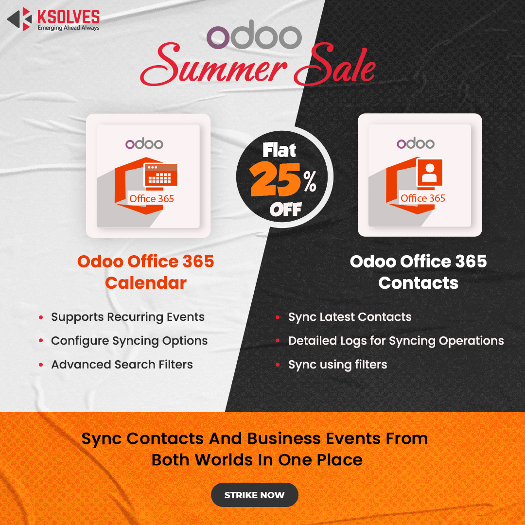 _Ksolves's tweet photo. Ksolves #SummerSale: Make your office work easier with a Flat 25% Off on #OdooOfficeCalendar &amp; #OdooOffice365Contacts by Ksolves.

Click now to learn more!
Ksolves Store: https://t.co/0WyMFVhPIq
Odoo Store: https://t.co/mjW0Uyw7Qt 

#Odoosummersale #Odoo #odooapps #odooappstore https://t.co/ucuWnhshrJ