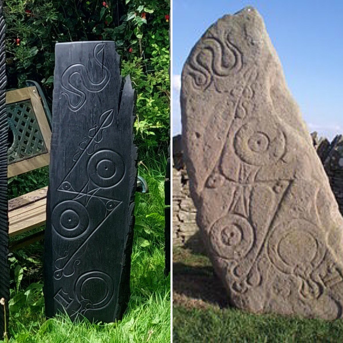 AndrewPoder's tweet photo. The aberlemno serpent stone.
A Pictish symbol stone probably carved around 5,000 years ago.
The meaning of the incised Pictish symbols are unknown but some theories include the serpent as a sign of healing, the double disc and z rod appear often, the discs represent the here and https://t.co/S88G0UxZcB