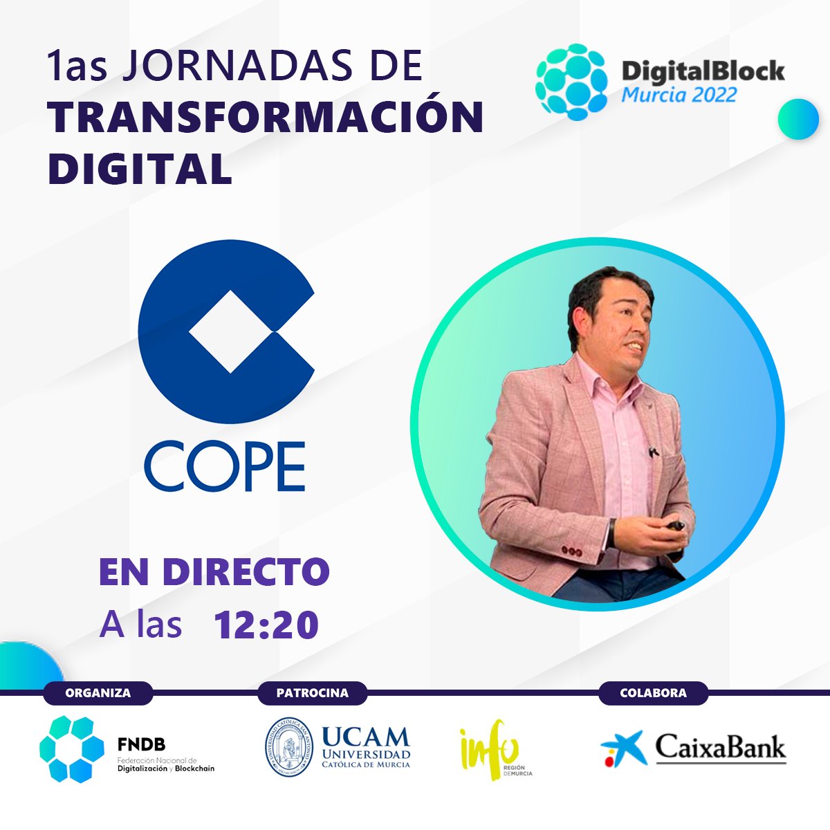 FNDB_Oficial's tweet photo. ¡Escucha la entrevista a José Hernández, presidente de la FNDB, sobre el evento DigitalBlock a las 12:20 en la Cope Murcia!
Escucha el directo aquí: https://t.co/odShDGwB8g
Inscríbete: https://t.co/yvJbakOhhh
#DigitalBlockMurcia #DigitalBlockMurcia2022 #Digitalización #Blockchain https://t.co/ExFI2OOEv1