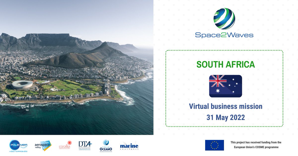 The <a href="/Space2Waves/">Space2Waves</a> trade mission to South Africa will be virtual ! 

Organized by <a href="/MarineSouthEast/">Marine South East</a>  the event will showcase 5 EU maritime and Earth observation firms to local South African businesses 🇿🇦.

🗓️ 31 June 2022