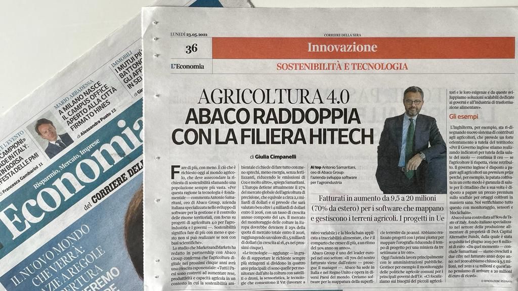 🗞️Su <a href="/L_Economia/">Corriere L'Economia</a> del <a href="/Corriere/">Corriere della Sera</a> il nostro CEO Antonio Samaritani illustra i risultati dello studio condotto da #ABACO e <a href="/marketsmarkets/">MarketsandMarkets™</a> sull’#agricoltura40. “#Sostenibilità significa fare di più con meno e la tecnologia è uno strumento fondamentale per questa sfida”.

L’articolo👇