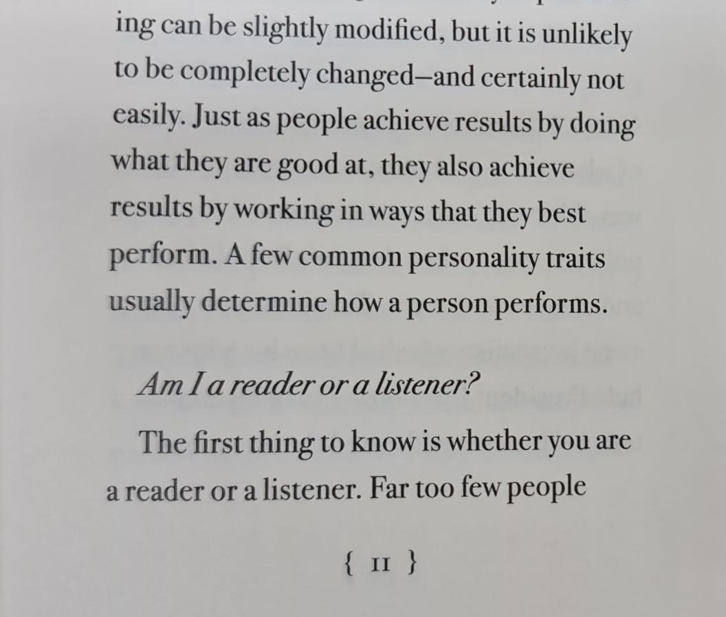 Do you like to receive your colleagues' ideas and communication by reading or listening? Peter Drucker (Managing Oneself, HBR, 1999) said this is a key trait to understanding how you perform well. 

I prefer to read because it gives me time to think over my ideas. You?
