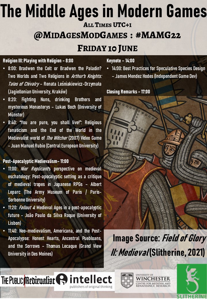 The Middle Ages in Modern Games Twitter conference 2022 will take place 7 and 10 June. Sponsored by <a href="/PublicMedieval/">The Public Medievalist</a> <a href="/CMRR_Winchester/">Centre for Medieval and Renaissance Research Win</a> <a href="/IntellectBooks/">IntellectBooks</a> and <a href="/SlitherineGames/">Slitherine Games</a> we've got four packed days of freely available papers. Check out our programme! #MAMG22 #MedievalTwitter