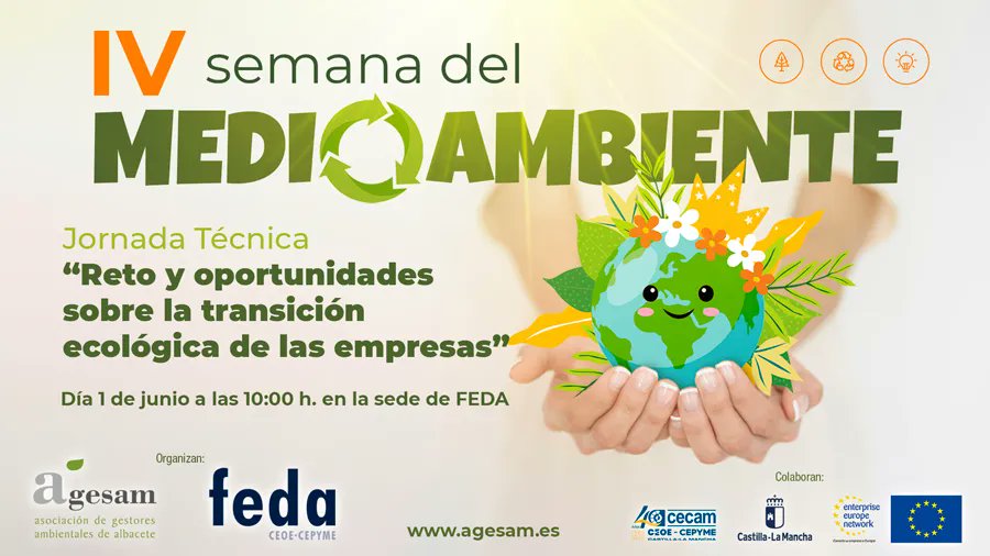 EmpresariosFEDA's tweet photo. Desde #AGESAM, integrada en #FEDA, te invitamos a la Jornada “Reto y oportunidades sobre la transición ecológica de las empresas”. ¡Inscríbete! 
https://t.co/aGfSHYq0ec
Colaboran @_CECAM, @gobjccm y @EEN_EU @EEN_spain 
#SemanaMedioAmbienteAGESAM #FEDAAsociaciones #EENCanHelp https://t.co/AvgARfqS3J