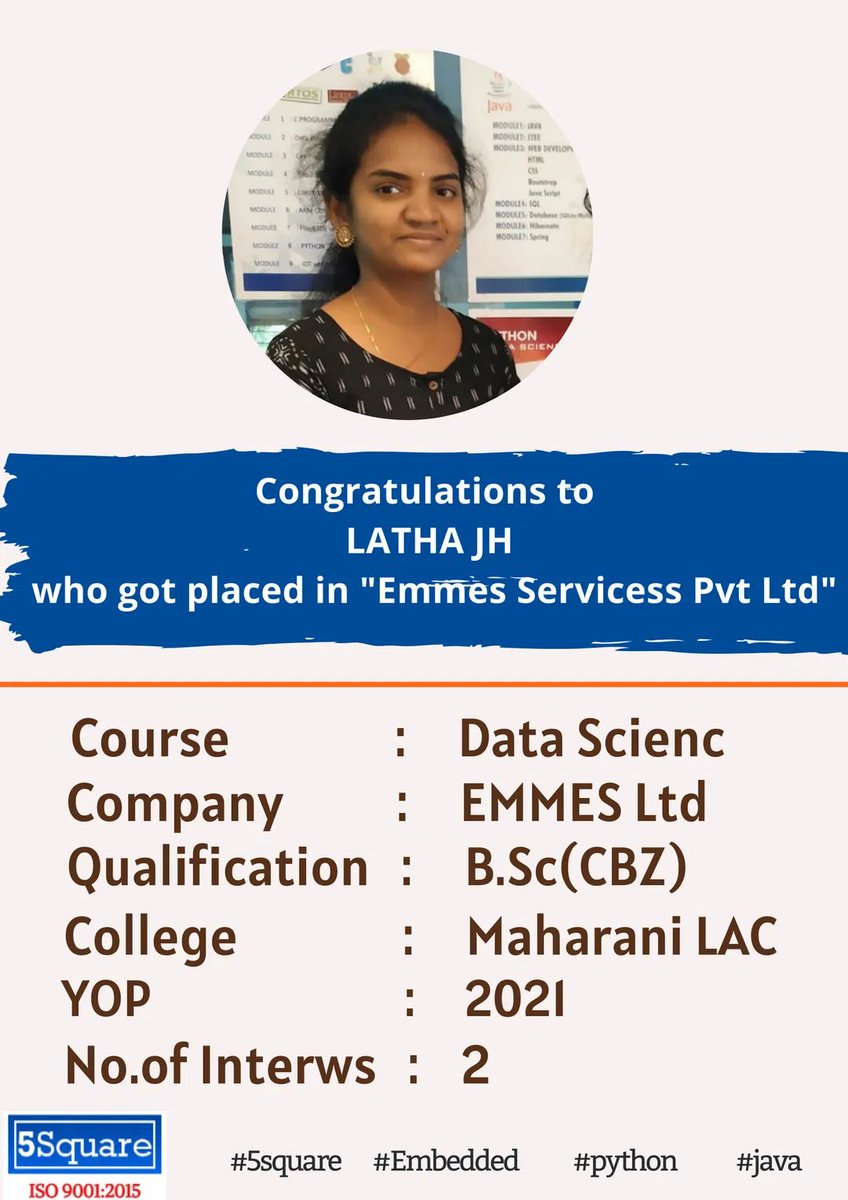 5squareblr's tweet photo. Congratulations to LATHA JH who got placed in "Emmes services pvt ltd". We Wish her all the success in her career.
#5square #placement #embedded #python #java https://t.co/UqTOSaW6pa