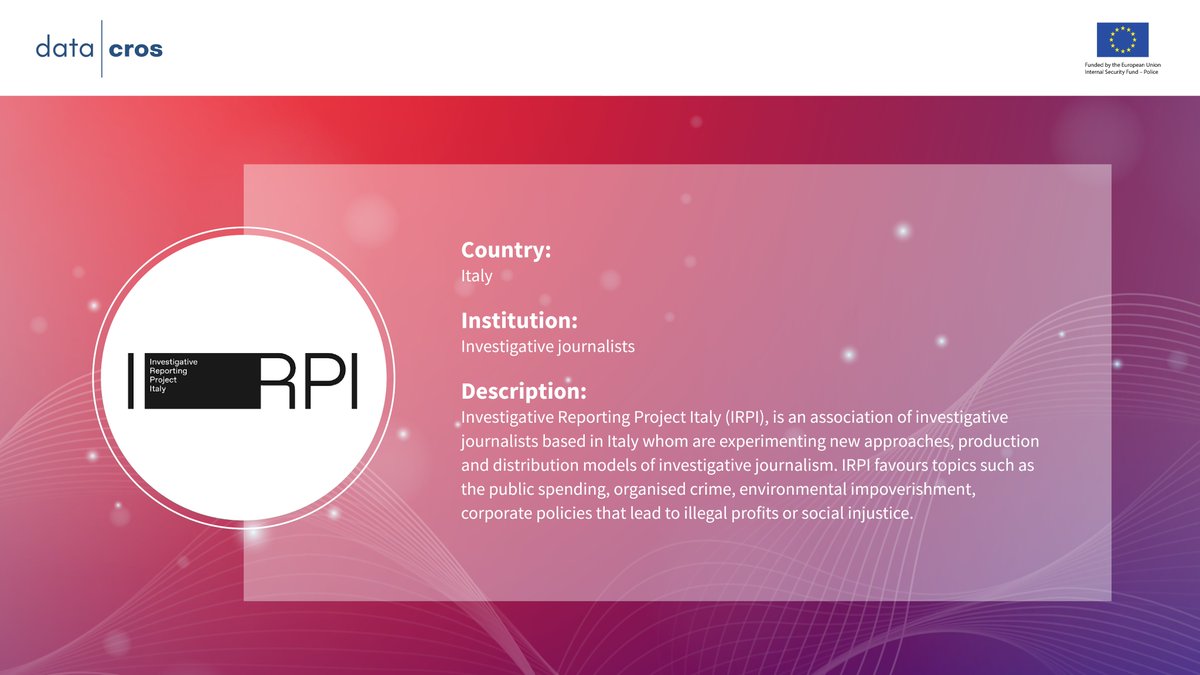DatacrosIII's tweet photo. 🤝Meet The Consortium #DatacrosII
@irpinvestigates is an investigative journalists association, leader of dissemination and responsible for:
🔹trials with civil society
🔹webinars on ownership transparency and corruption risks
🔹dissemination of project results
#ISF #SecurityFund https://t.co/lRDBVLcQVc