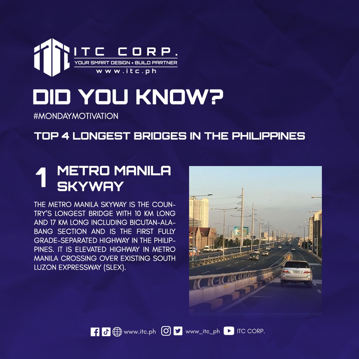 www_itc_ph's tweet photo. The Philippines is an archipelago, a country that is separated from bodies of water. With that being said bridges are really important to connect the people and the land. Do you know what the longest bridges are here in the Philippines? 

#architecture #construction #design https://t.co/G1dF66bQaE