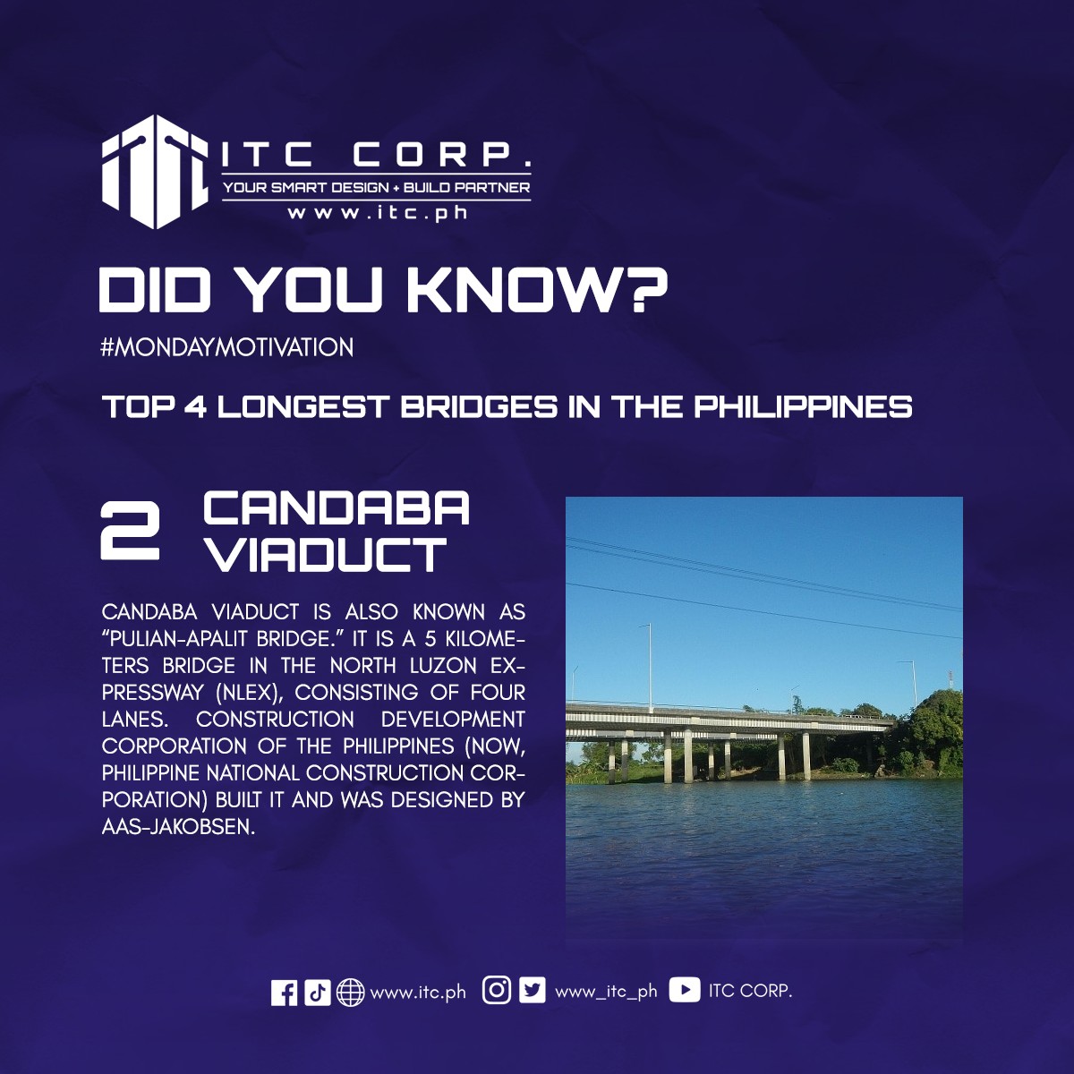 www_itc_ph's tweet photo. The Philippines is an archipelago, a country that is separated from bodies of water. With that being said bridges are really important to connect the people and the land. Do you know what the longest bridges are here in the Philippines? 

#architecture #construction #design https://t.co/G1dF66bQaE