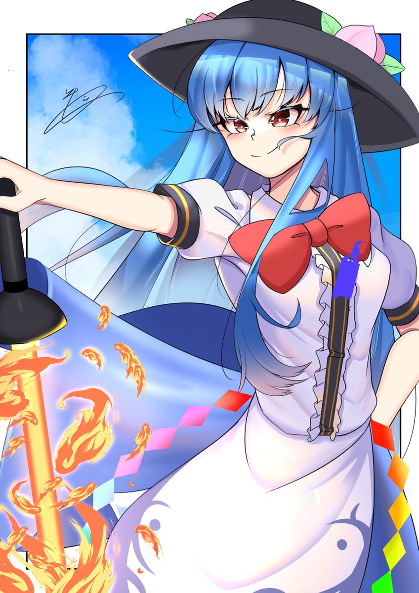 hinanawi tenshi 1girl long hair solo sword of hisou blue hair red eyes black headwear  illustration images