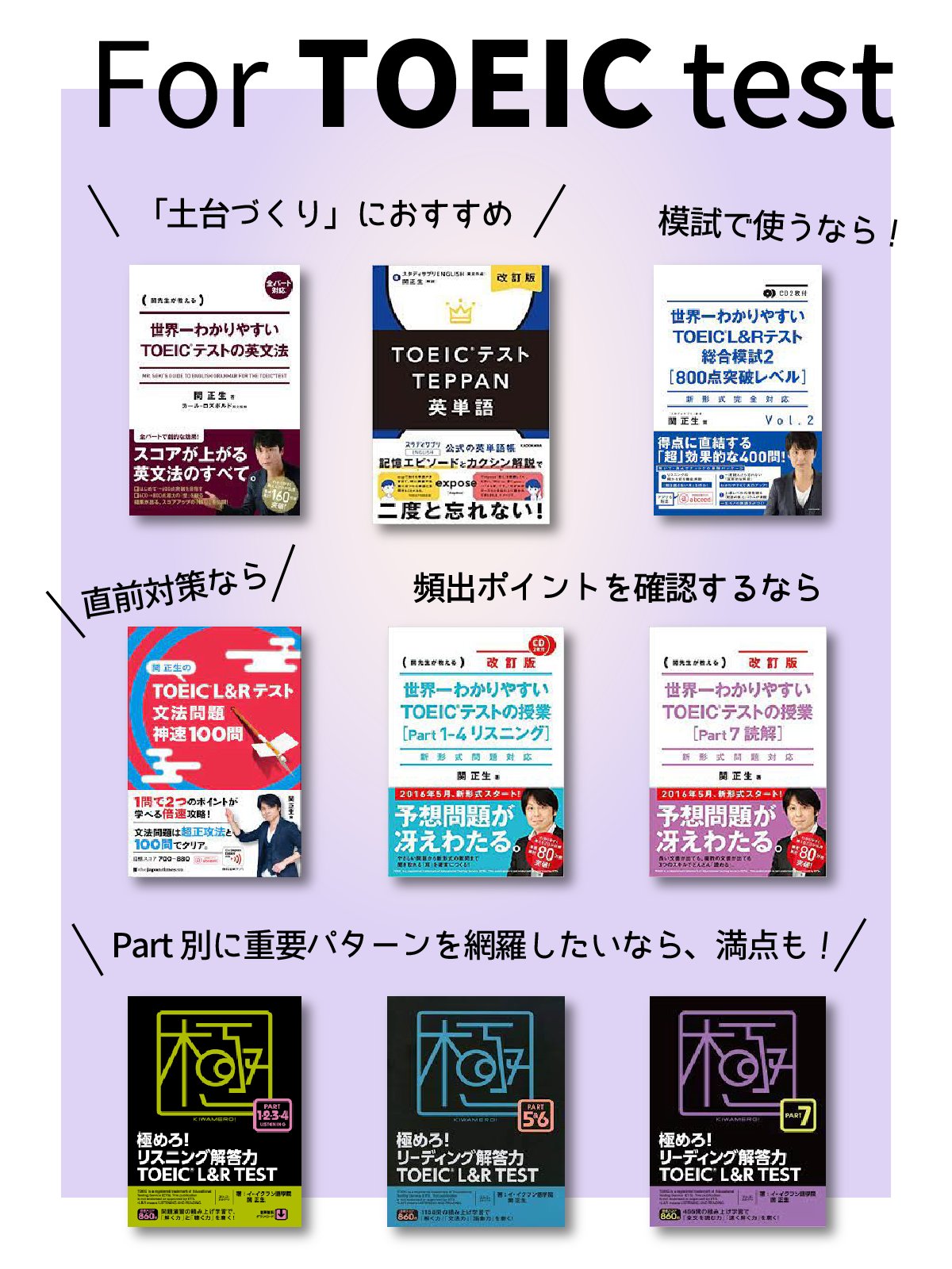 Libarts 目的別 関先生のおすすめtoeicルート 公認 初めて Toeicを受ける方から 満点 を狙う方まで 目的に合わせて紹介しています 実際にlibartsで 極めろ を使って満点を取った受講生も ぜひ自分の目的に合わせて参考書を選んでみて Libarts 目的別 関先生のおすすめtoeicルート 公認 初めて Toeicを受ける方から 満点 を狙う方まで 目的に合わせて紹介しています 実際にlibartsで 極めろ を使って満点を取った受講生も ぜひ自分の目的に合わせて参考書を選んでみて