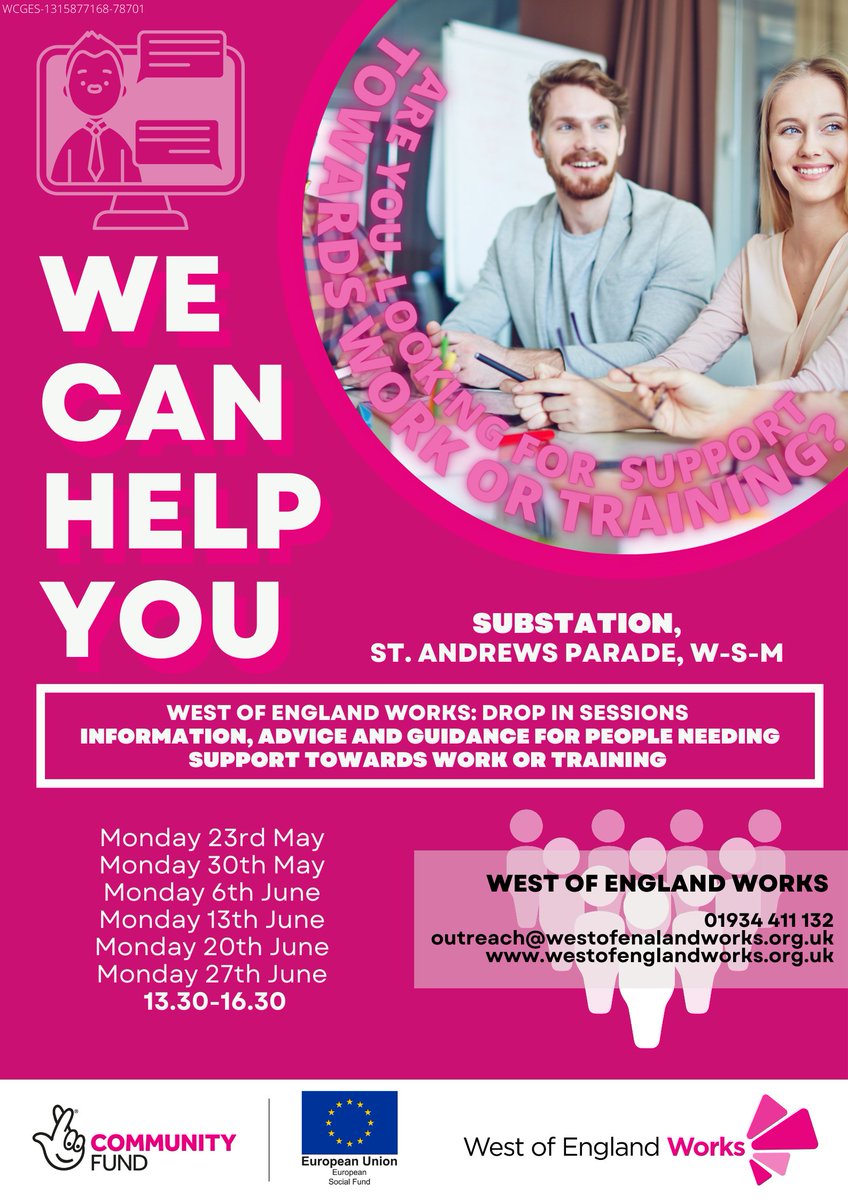 West of England Works: Drop In Sessions at the Substation, St Andrews Parade, Bournville, Weston-super-Mare. 

If you are looking for support towards work or training, pop in and speak to one of our team! 

#westonsupermare #employmentsupport 💻