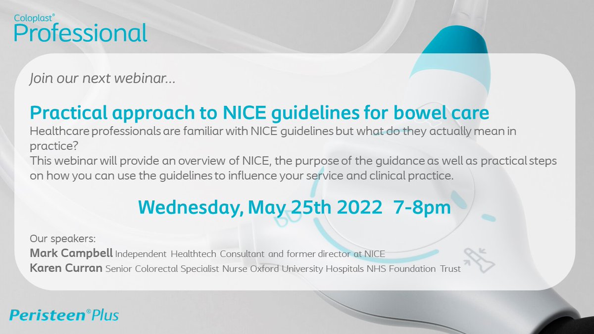Coloplast_UK's tweet image. Don’t forget our webinar this Wednesday evening ‘Practical approach to NICE guidelines for bowel care’ Find out more about how NICE guidelines can support your practice. bigmarker.com/mahealthcare/P… #niceguidelines #MTG36 #transanalirrigation #coloplastprofessional