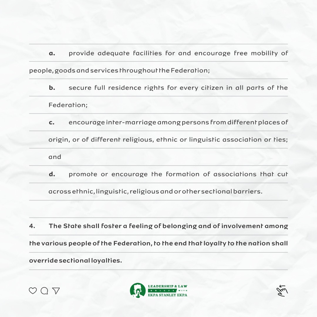 conclausesclass's tweet photo. Section 15 - Political Objectives 

Section 15 of the constitution outlines five core political objectives for Nigeria, to wit: 

1. Established the motto of Nigeria: Unity and Faith, Peace and Progress. https://t.co/N0AsmmolCU