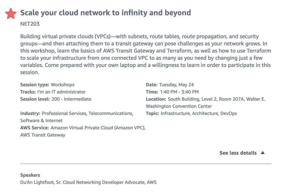 labeveryday's tweet image. If you are in the Washington D.C. area this Tuesday I will be presenting at the AWS Summit! 

Come join me as we talk about VPC peering, AWS Transit Gateway and scaling your infrastructure with automation! #LabEveryday #AWS 

aws.amazon.com/events/summits…