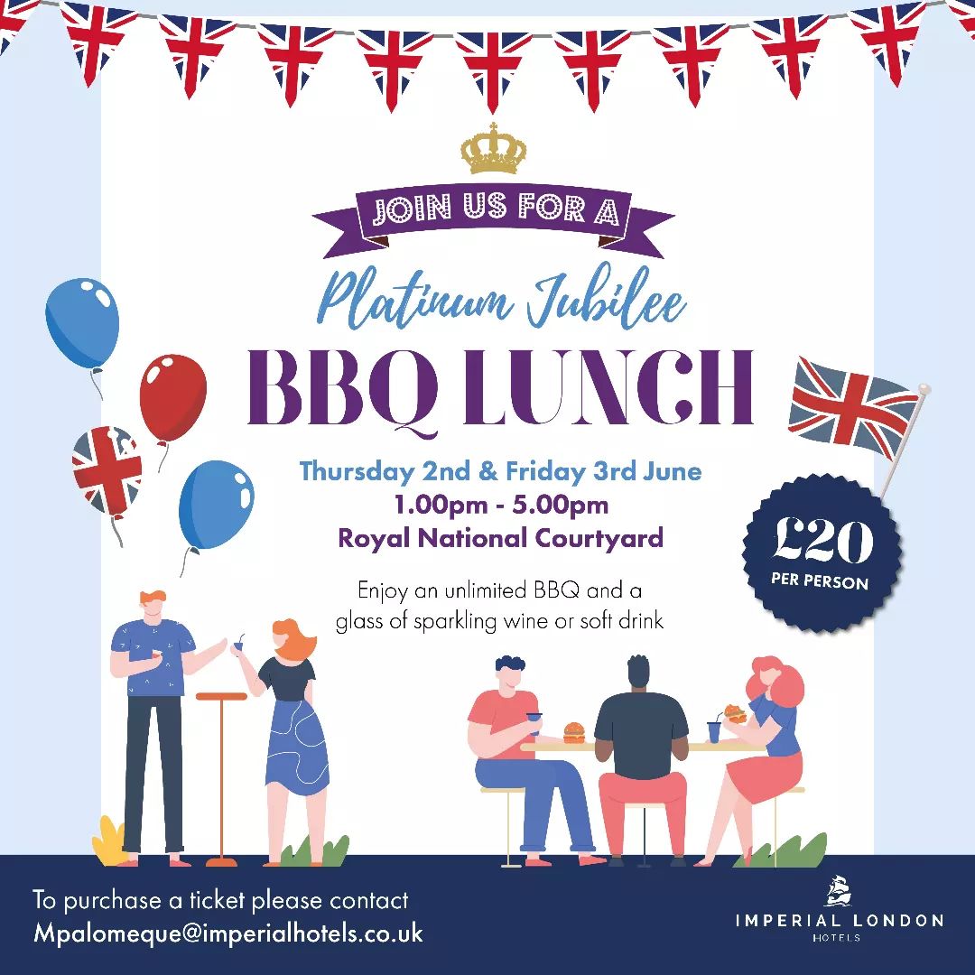 To celebrate the Queen’s #PlatinumJubilee we will be hosting an extra special Jubilee BBQ in the courtyard of our Royal National Hotel on Thurs 2nd &amp; Fri 3rd June. Everyone is welcome! 👑🎉
To find out more and purchase a ticket, visit our website: 
imperialhotels.co.uk/queens-jubilee…