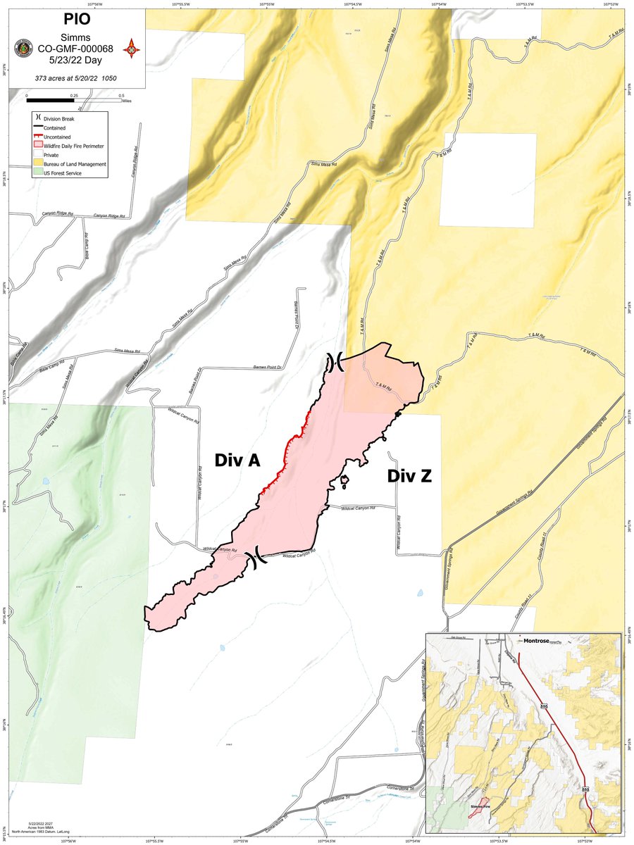 GMUG_NF's tweet photo. May 23 Simms Fire Update
Size: 373 acres
Containment: 90%
Total Personnel: Approximately 183
Location: 15 miles southwest of Montrose
Reported: May 19, 2022
Cause: Under investigation
For More Information:
Phone: 970-765-7309
Email: 2022.simms@firenet.gov https://t.co/mBBmsFQbTj