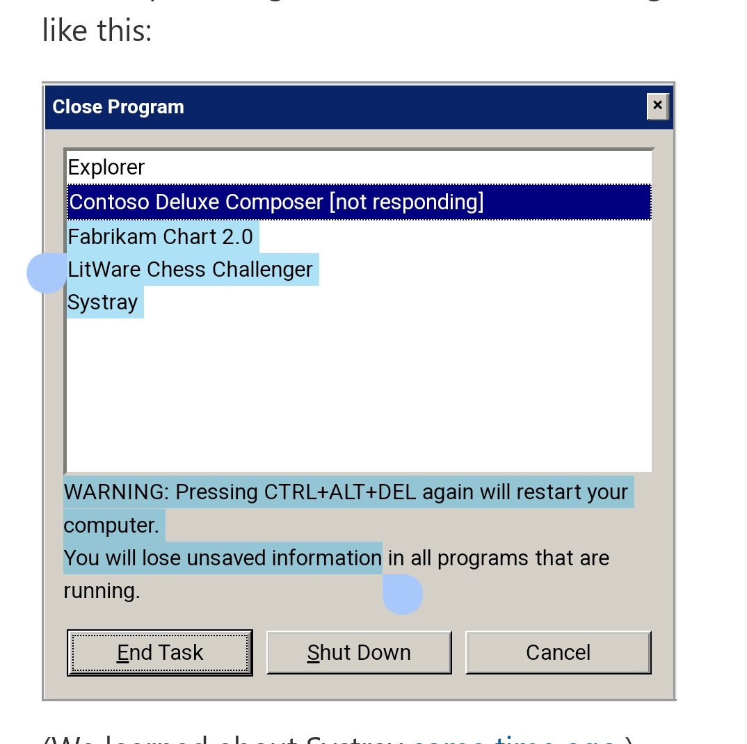 crdudeyoutube's tweet photo. my favorite adversarial feature of Raymond Chen is that nearly all the "screenshots" on his blog are actually meticulously crafted hunks of css. i don't know why he does this, but I assume that - like much of Windows - it's because it's Correct in inscrutable ways https://t.co/VU9LT7tmyF