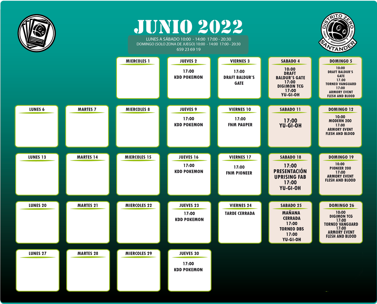 DistritoZer0's tweet photo. ¡Ya tenemos listo el calendario de Junio! Este mes tiene grandes eventos como el Springfest de Bushiroad en nuestra tienda de Bilbao o la salida de Baldur's Gate y Uprisig de Flesh and Blood. ¿Vienes de vacaciones al norte? ¡No te quedes sin jugar! https://t.co/sLoTe7zLsW