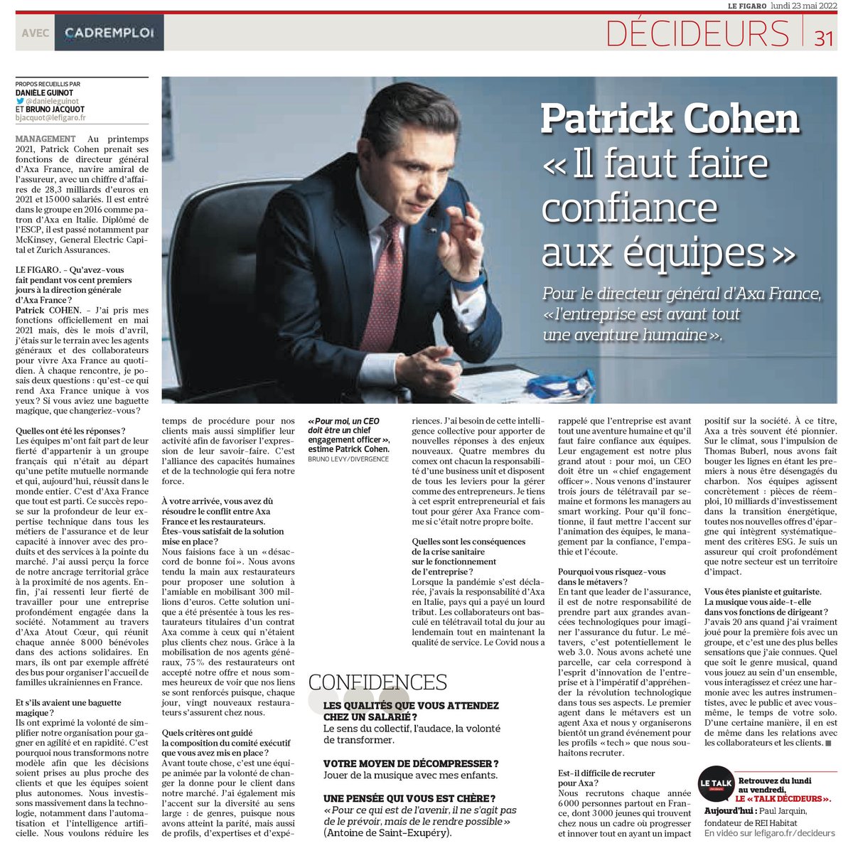 Interview de Patrick Cohen dans <a href="/Le_Figaro/">Le Figaro</a>. Pour le directeur général d'AXA France, "l'entreprise est avant tout une aventure humaine". ⤵️

lefigaro.fr/decideurs/patr…

© D. Guinot &amp; B. Jacquot / Le Figaro / 23.05.2022