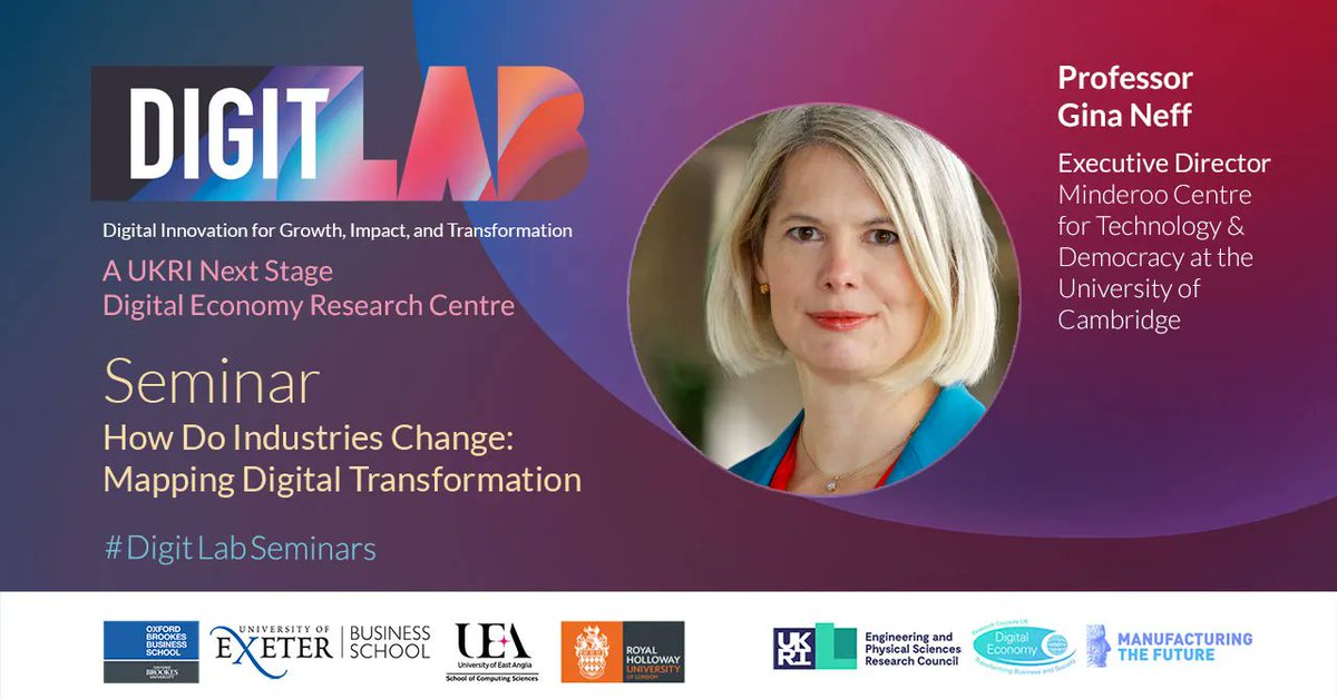exeterindex's tweet image. #DTX: Gain insight into Prof Gina Neff&apos;s @GinaSue upcoming book: How Do Industries Change. Neff’s award-winning research allows her to map #TechnologicalTransformation through 3️⃣ mechanisms… join our @DIGITLabUK seminar for more!
📅  Wed 22 June
🎟️ buff.ly/3MJAag2